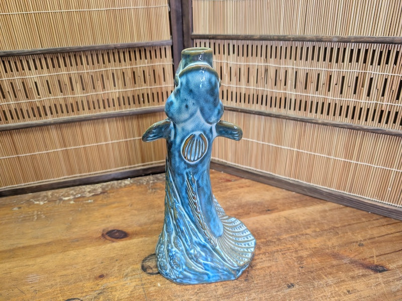 Authentic 1960s Japanese Fish Vase Turquoise Pottery Mid Century Art