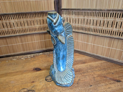 Authentic 1960s Japanese Fish Vase Turquoise Pottery Mid Century Art