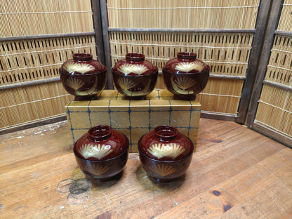1970s Japanese Owan Bowl Set Lacquer Bamboo Gold Fan Motif with Box