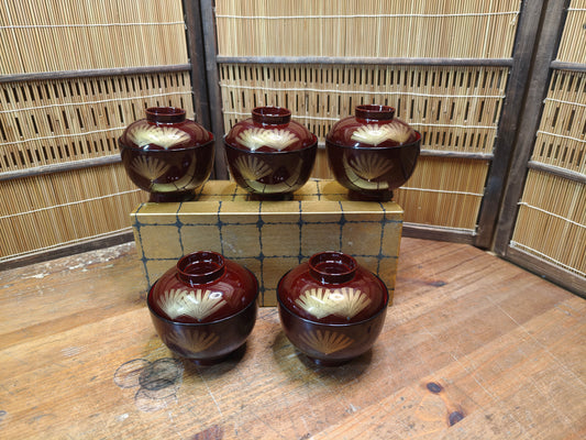 1970s Japanese Owan Bowl Set Lacquer Bamboo Gold Fan Motif with Box