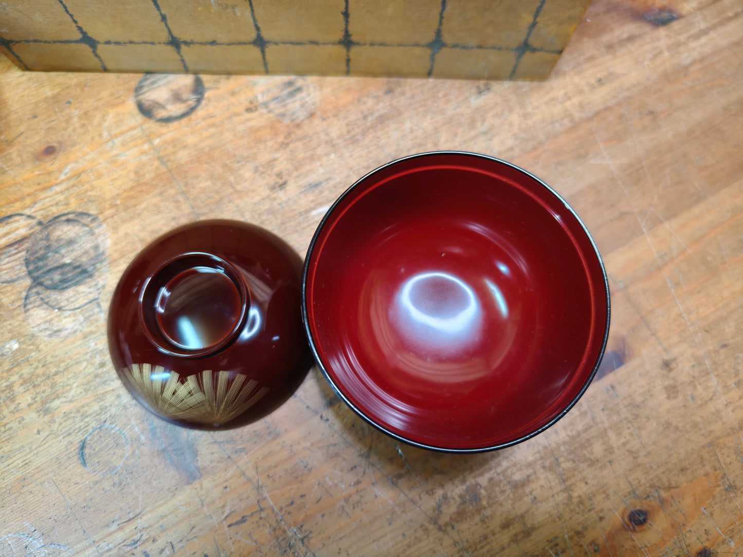 1970s Japanese Owan Bowl Set Lacquer Bamboo Gold Fan Motif with Box