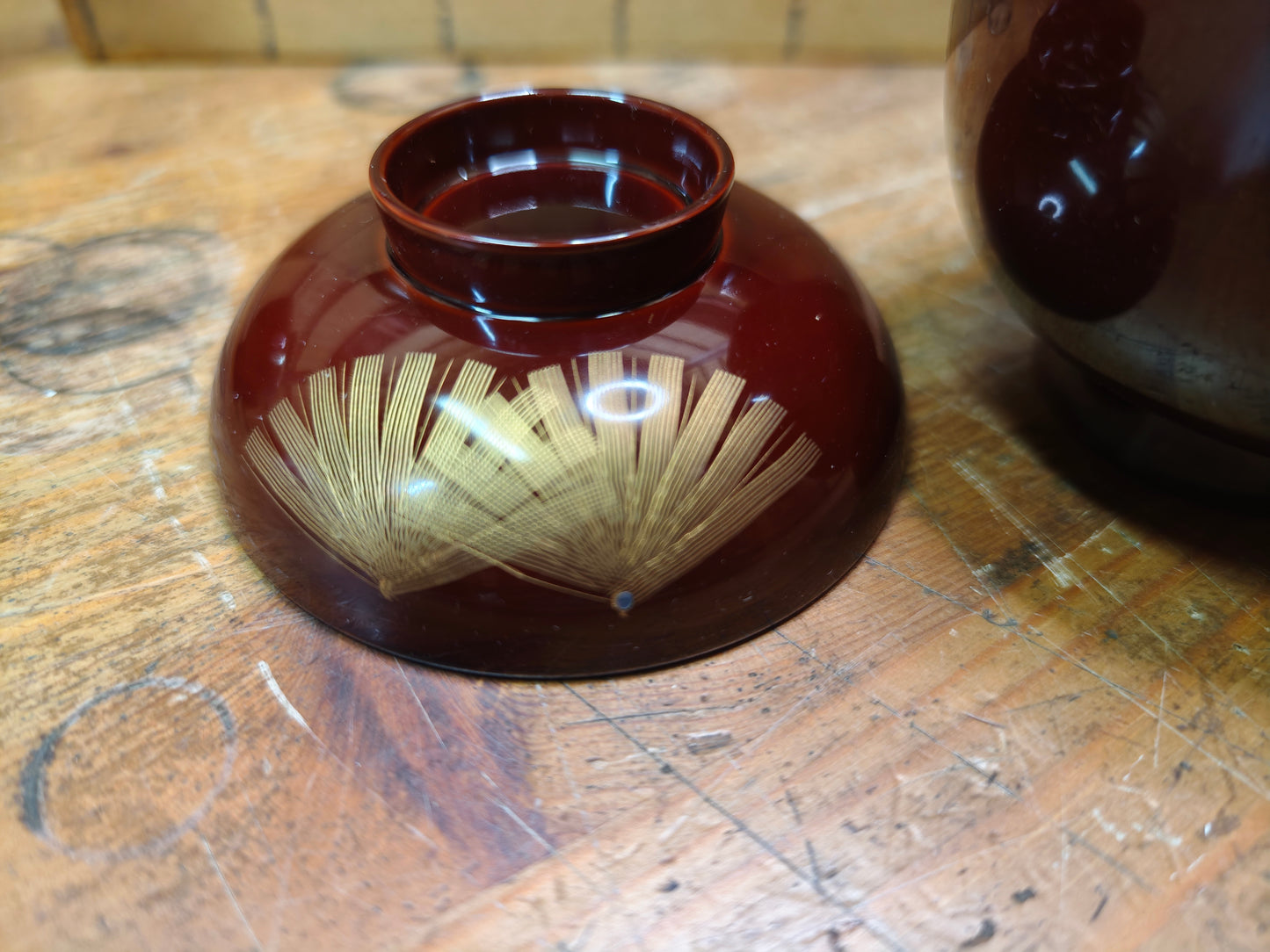 1970s Japanese Owan Bowl Set Lacquer Bamboo Gold Fan Motif with Box
