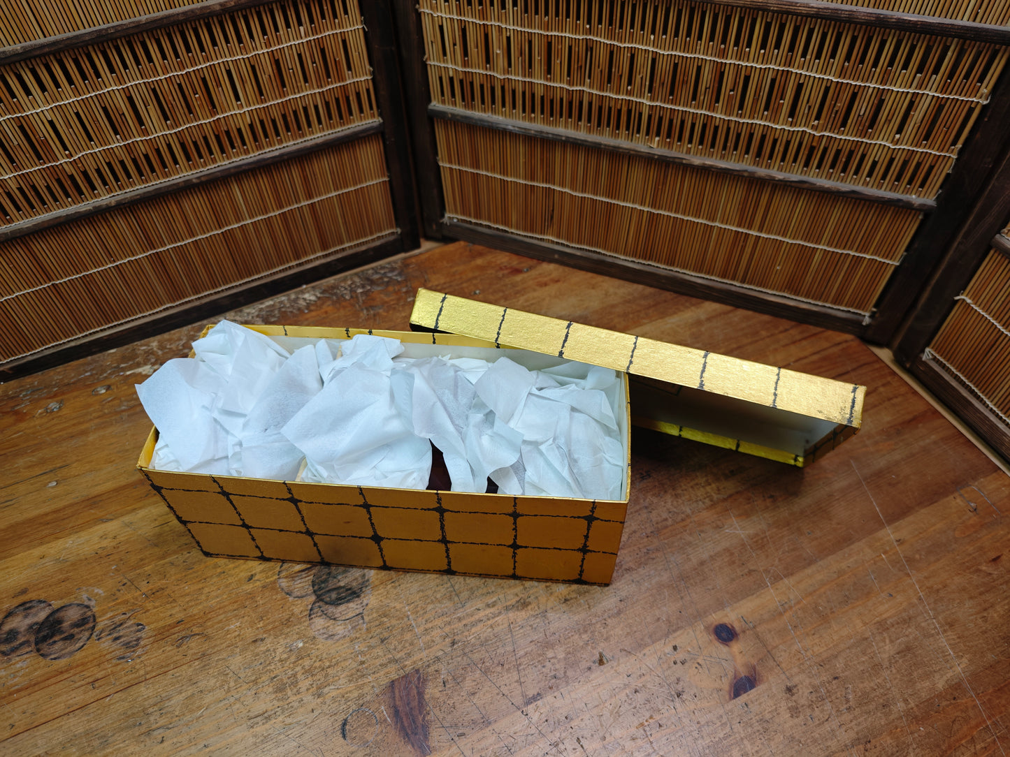 1970s Japanese Owan Bowl Set Lacquer Bamboo Gold Fan Motif with Box