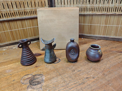 Japanese Vintage Bizen-yaki Pottery Vase Collection w/ Wooden Box
