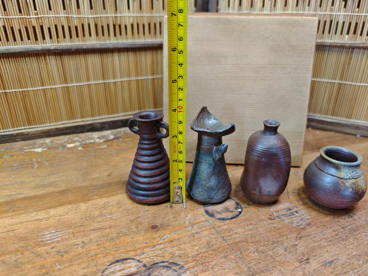 Japanese Vintage Bizen-yaki Pottery Vase Collection w/ Wooden Box