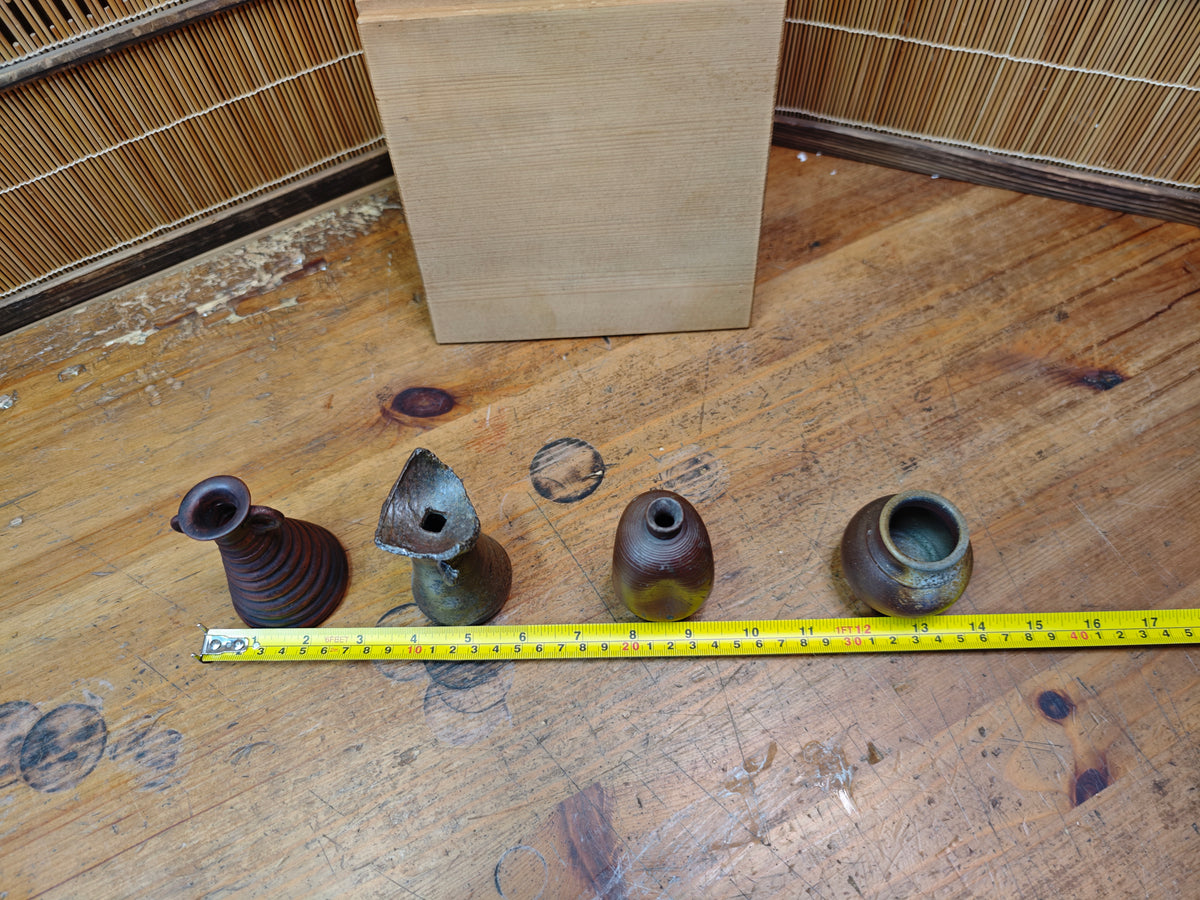 Japanese Vintage Bizen-yaki Pottery Vase Collection w/ Wooden Box