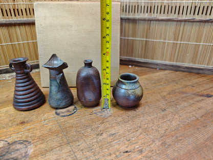 Japanese Vintage Bizen-yaki Pottery Vase Collection w/ Wooden Box