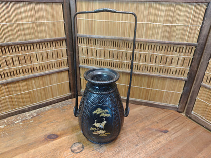 Japanese Vintage Bronze Vase Bamboo Handle Crane Motif Auction JP