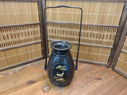 Japanese Vintage Bronze Vase Bamboo Handle Crane Motif Auction JP