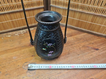 Japanese Vintage Bronze Vase Bamboo Handle Crane Motif Auction JP