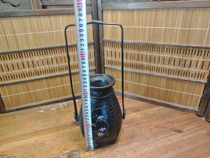 Japanese Vintage Bronze Vase Bamboo Handle Crane Motif Auction JP