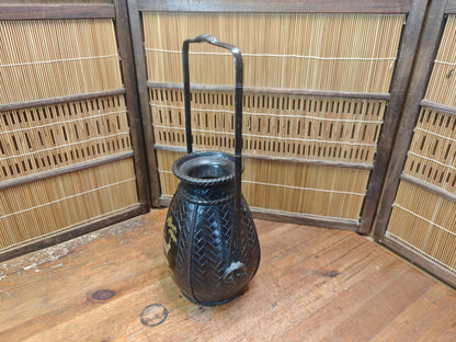 Japanese Vintage Bronze Vase Bamboo Handle Crane Motif Auction JP