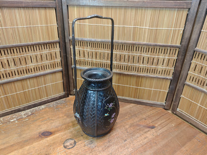 Japanese Vintage Bronze Vase Bamboo Handle Crane Motif Auction JP