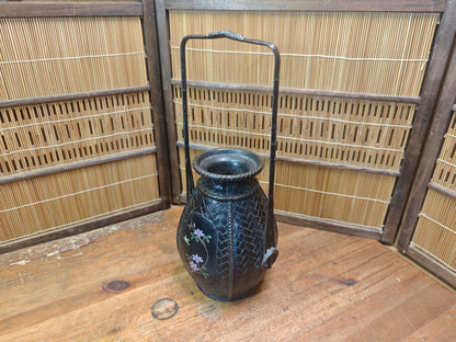 Japanese Vintage Bronze Vase Bamboo Handle Crane Motif Auction JP