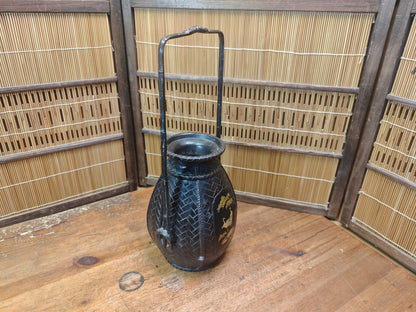 Japanese Vintage Bronze Vase Bamboo Handle Crane Motif Auction JP