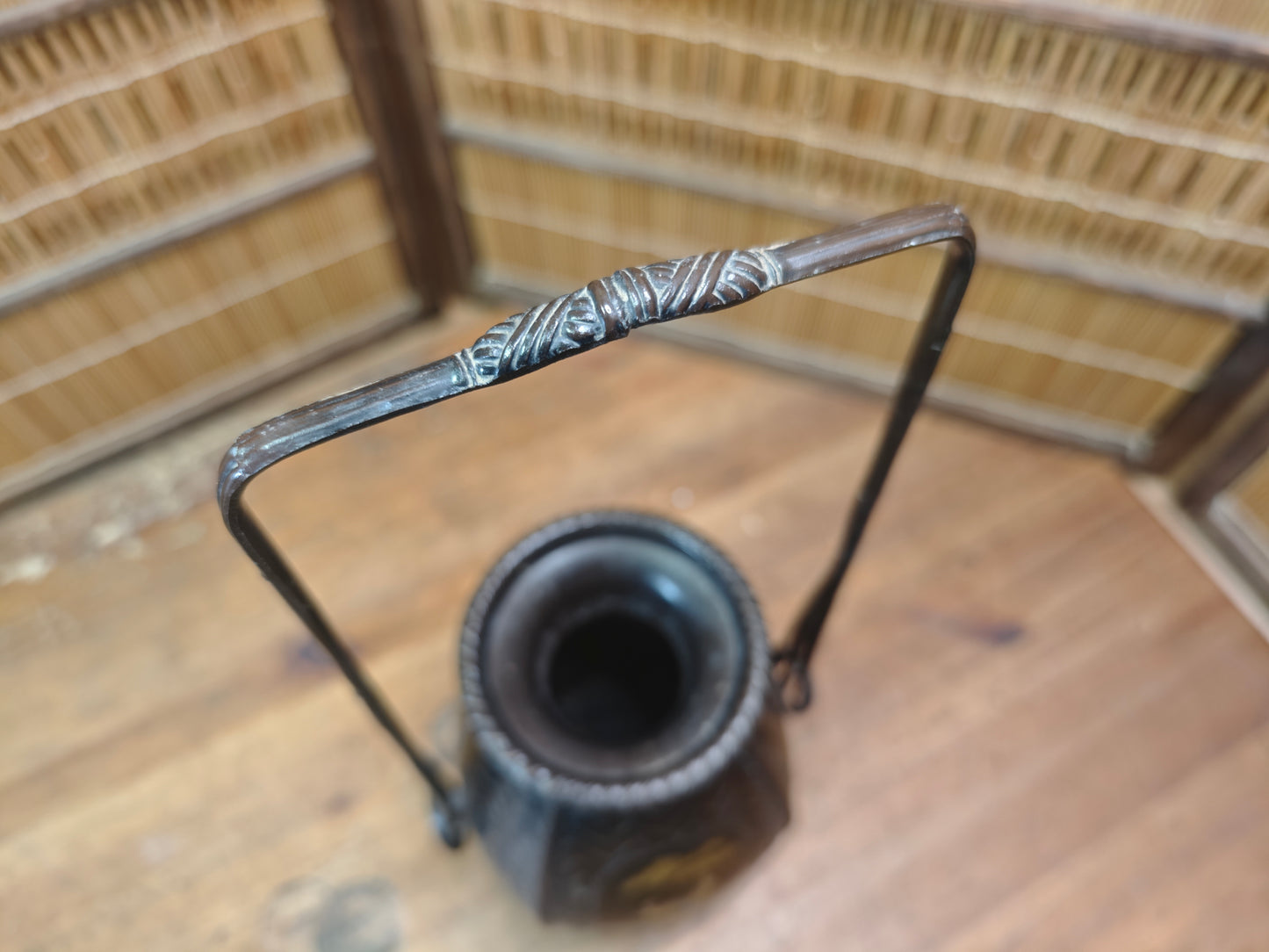 Japanese Vintage Bronze Vase Bamboo Handle Crane Motif Auction JP