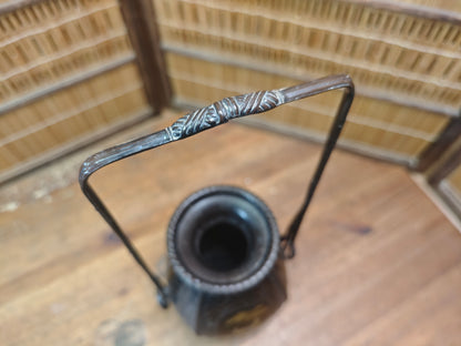 Japanese Vintage Bronze Vase Bamboo Handle Crane Motif Auction JP