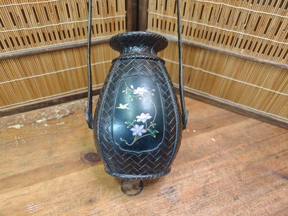 Japanese Vintage Bronze Vase Bamboo Handle Crane Motif Auction JP