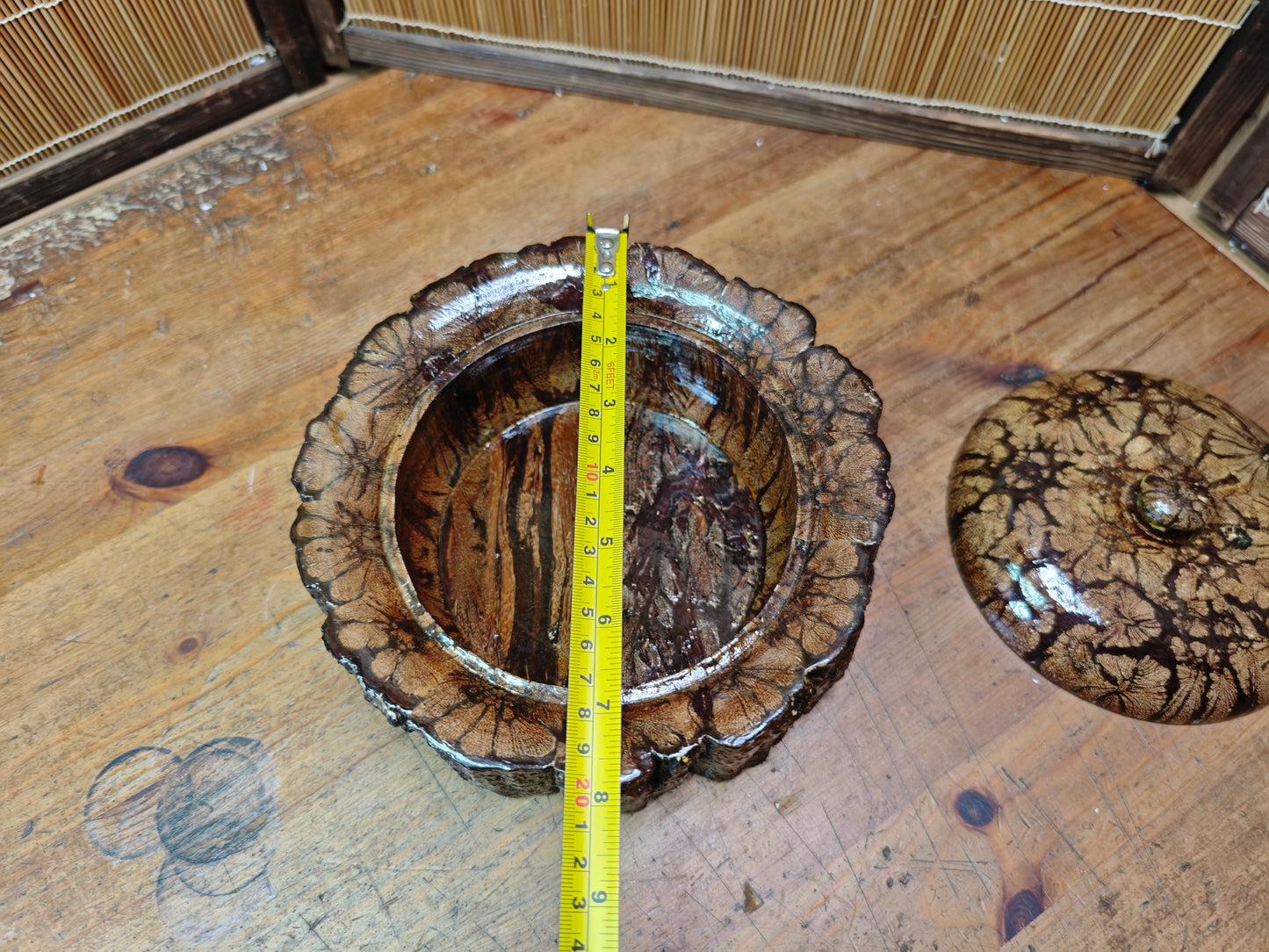 Japanese Vintage 1970s Chrysanthemum Wood Lidded Box Natural Burl