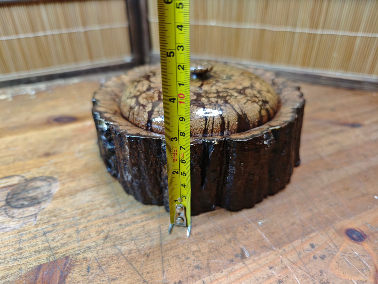 Japanese Vintage 1970s Chrysanthemum Wood Lidded Box Natural Burl