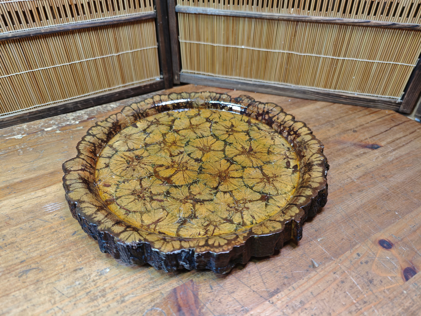 Japanese Vintage Chrysanthemum Wood Tea ceremony Tray  Obon