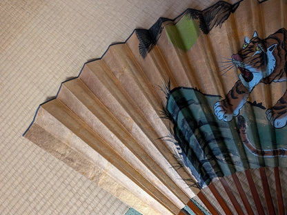 Vintage Japanese Tiger Folding Fan | Gold Leaf Washi Paper Wall Art