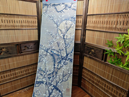 1970s Japanese Silk Kakejiku Plum Blossom Moon Scroll Signed Art