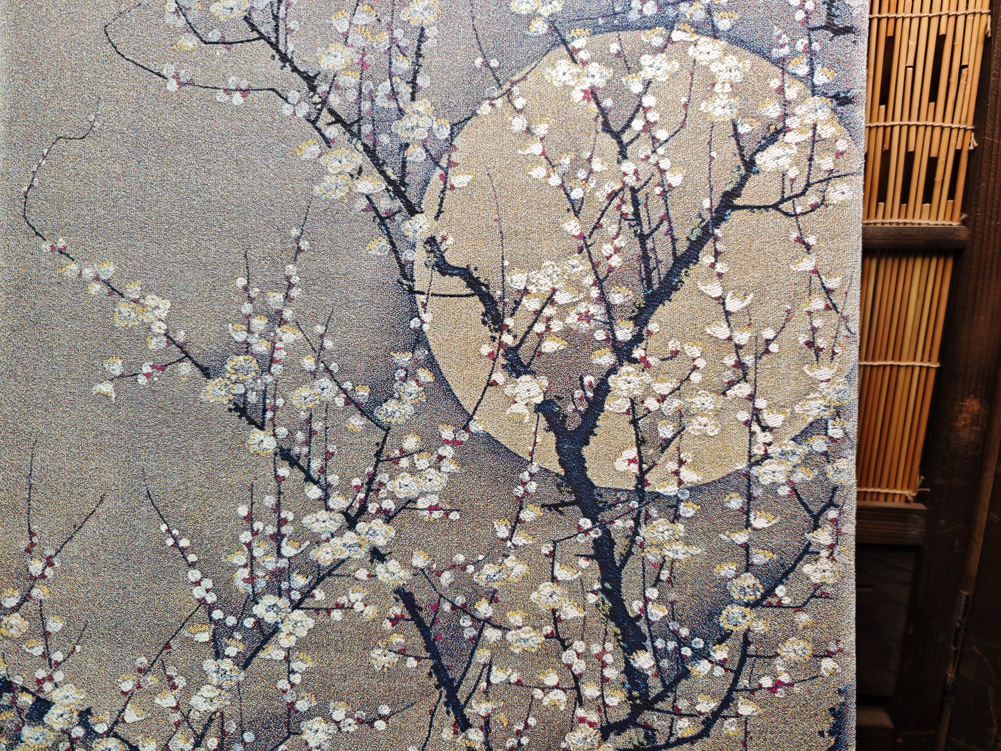 1970s Japanese Silk Kakejiku Plum Blossom Moon Scroll Signed Art