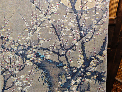 1970s Japanese Silk Kakejiku Plum Blossom Moon Scroll Signed Art
