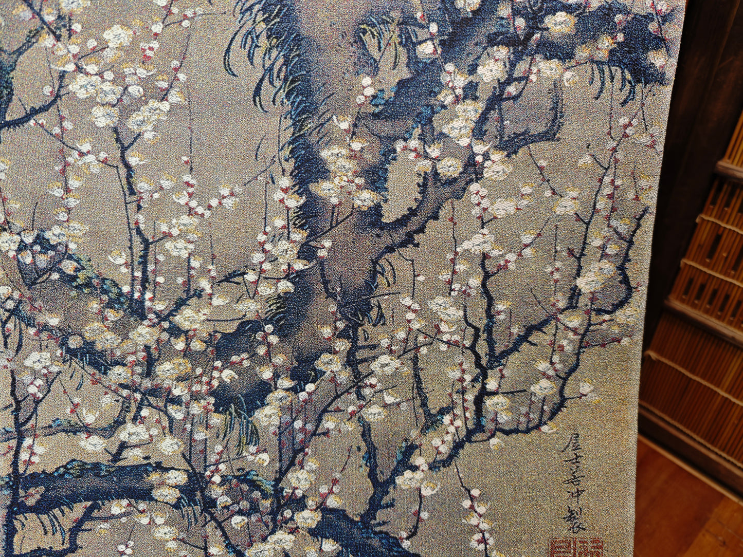 1970s Japanese Silk Kakejiku Plum Blossom Moon Scroll Signed Art