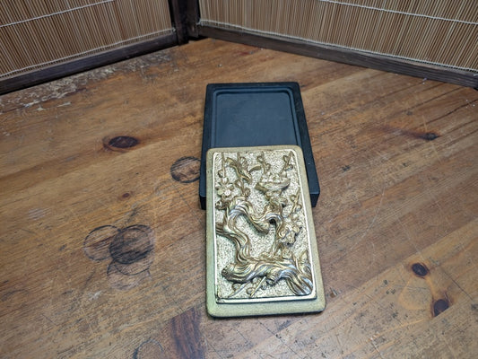 Japanese Ink stone Carved Gold color Bonsai Lid Calligraphy Tool
