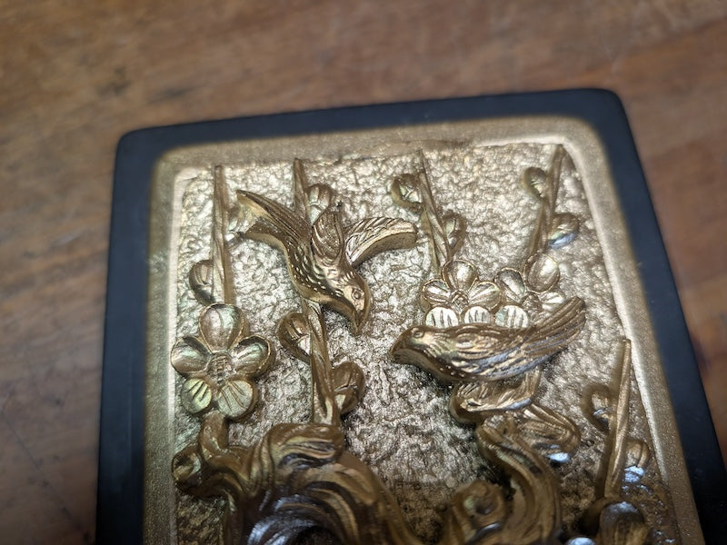 Japanese Ink stone Carved Gold color Bonsai Lid Calligraphy Tool