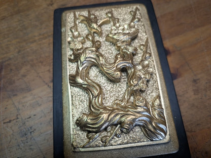 Japanese Ink stone Carved Gold color Bonsai Lid Calligraphy Tool