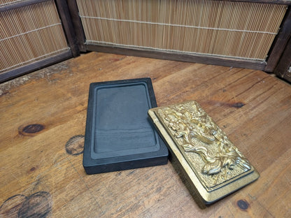 Japanese Ink stone Carved Gold color Bonsai Lid Calligraphy Tool