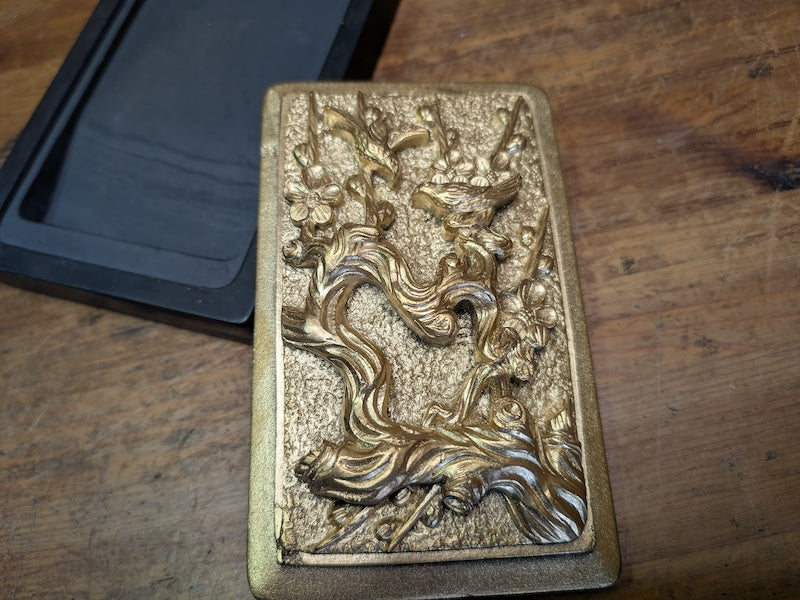 Japanese Ink stone Carved Gold color Bonsai Lid Calligraphy Tool