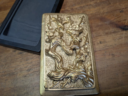 Japanese Ink stone Carved Gold color Bonsai Lid Calligraphy Tool