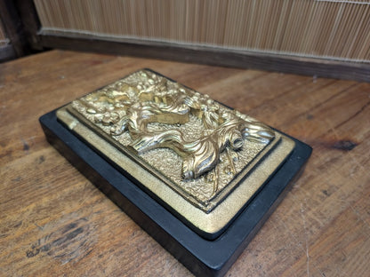 Japanese Ink stone Carved Gold color Bonsai Lid Calligraphy Tool