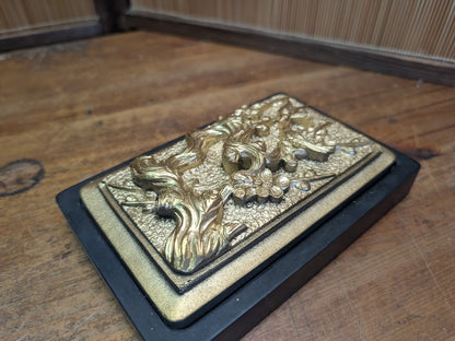 Japanese Ink stone Carved Gold color Bonsai Lid Calligraphy Tool