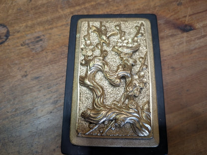 Japanese Ink stone Carved Gold color Bonsai Lid Calligraphy Tool