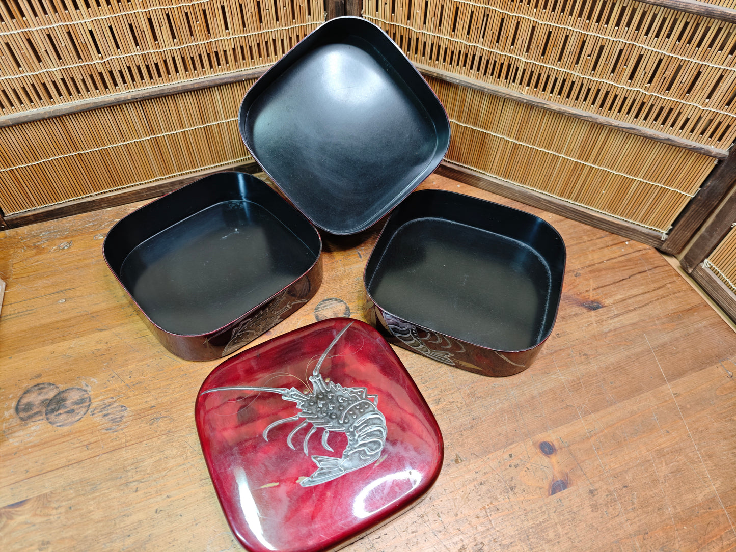 Japanese Vintage Jubako Lunch Box 3 Tier Resin Shrimp Design Auction JP