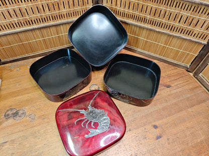 Japanese Vintage Jubako Lunch Box 3 Tier Resin Shrimp Design Auction JP