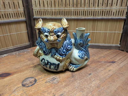 Japanese Vintage Shisa Sake Bottle Handmade Okinawa Pottery Guardian