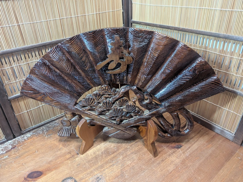 Vintage 1970s Japanese Hand Carved Wooden Fan Sculpture on Stand Art
