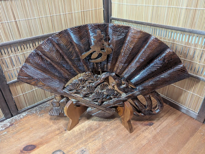 Vintage 1970s Japanese Hand Carved Wooden Fan Sculpture on Stand Art