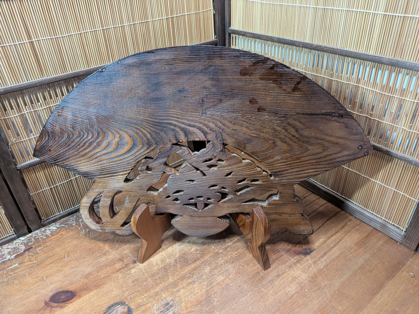 Vintage 1970s Japanese Hand Carved Wooden Fan Sculpture on Stand Art