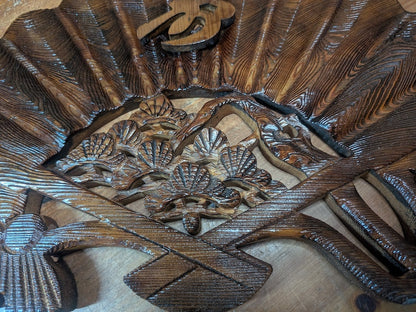 Vintage 1970s Japanese Hand Carved Wooden Fan Sculpture on Stand Art