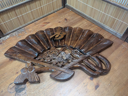 Vintage 1970s Japanese Hand Carved Wooden Fan Sculpture on Stand Art