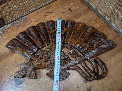Vintage 1970s Japanese Hand Carved Wooden Fan Sculpture on Stand Art