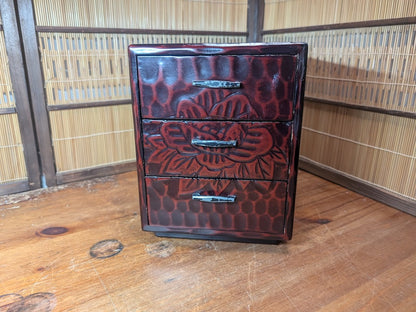 Vintage Japanese 3 Drawer Wooden Chest Okinawa Floral Storage Box 1980s