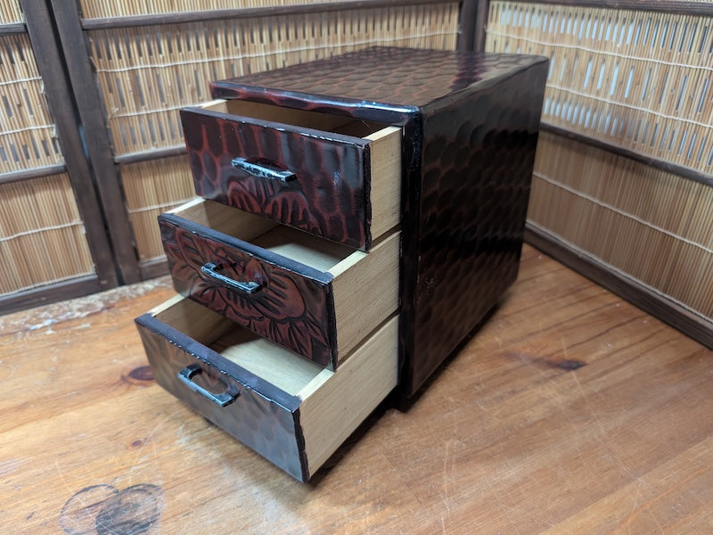 Vintage Japanese 3 Drawer Wooden Chest Okinawa Floral Storage Box 1980s